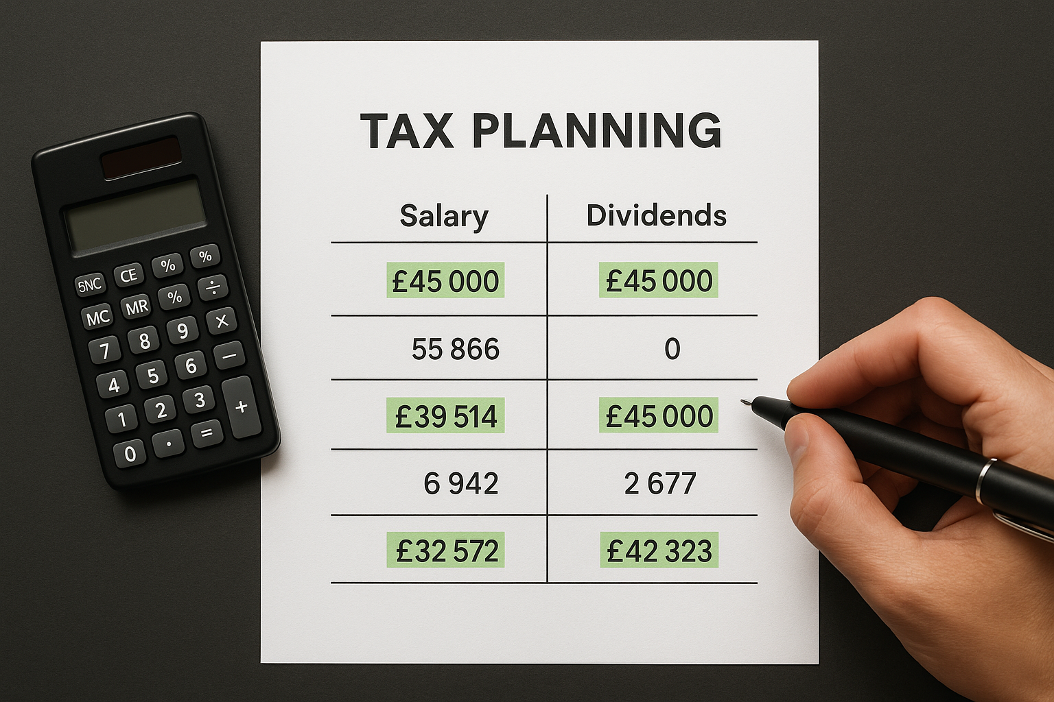 Tax comparison document showing salary versus dividend figures